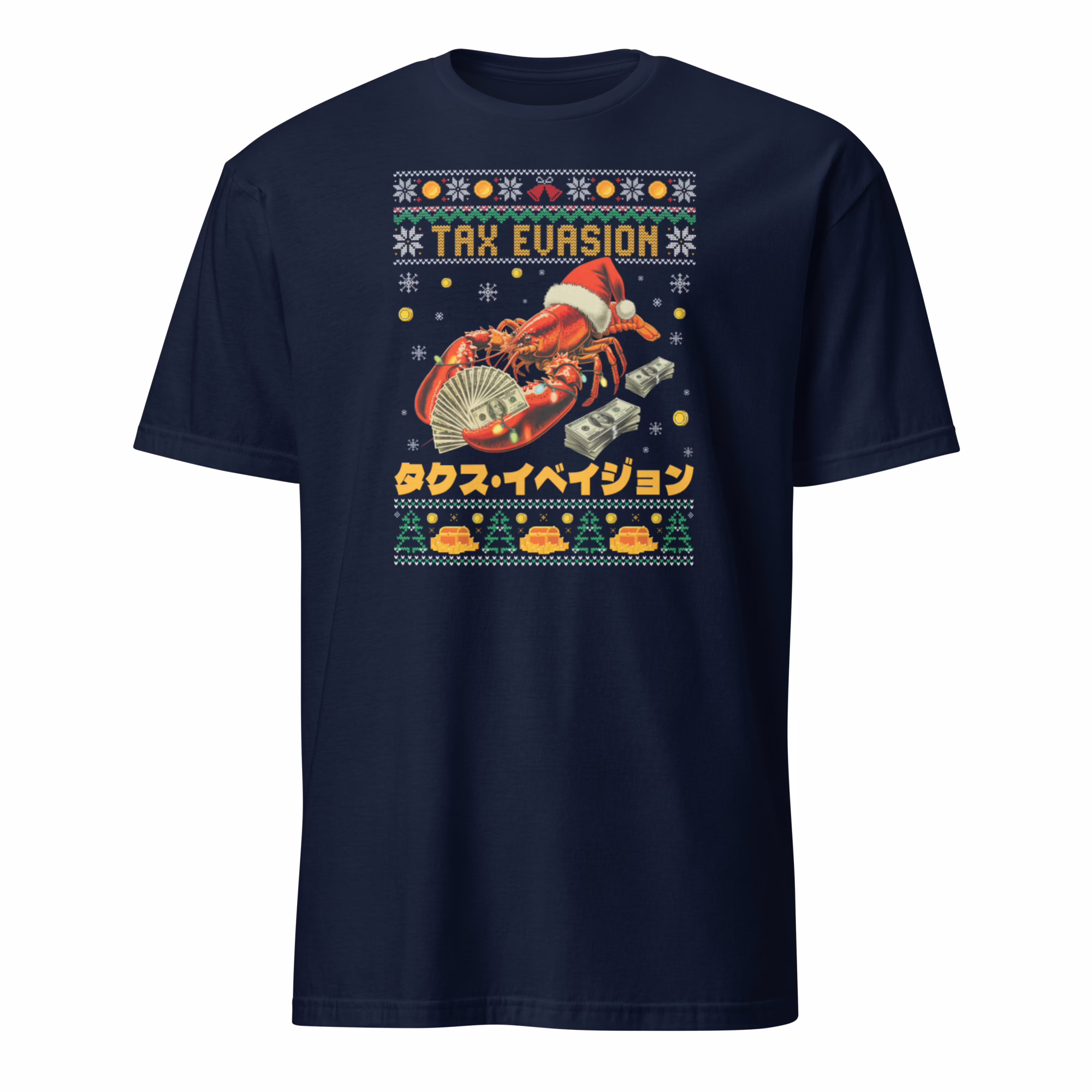 Tax Evasion Lobster Ugly Christmas Shirt 2 Navy Blue Tax Evasion Lobster Ugly Christmas Shirt mockup on female model