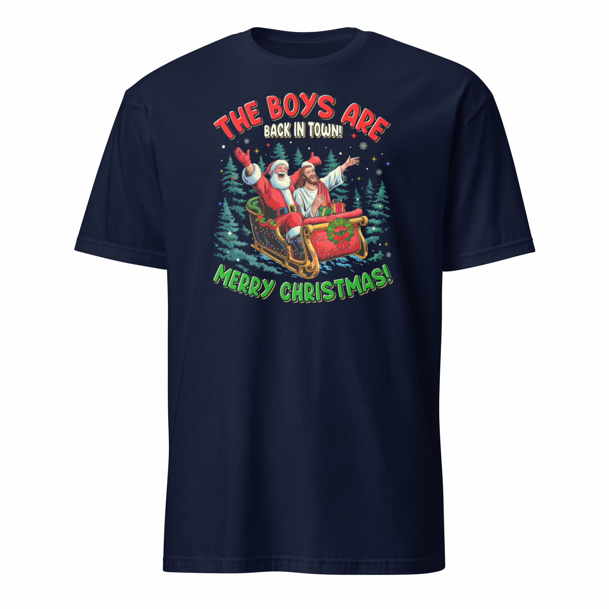 Santa Jesus The Boys Are Back In Town Christmas Shirt 2 Navy blue Santa Jesus The Boys Are Back In Town Christmas Shirt mockup, showcasing the festive white print on the deep navy apparel.