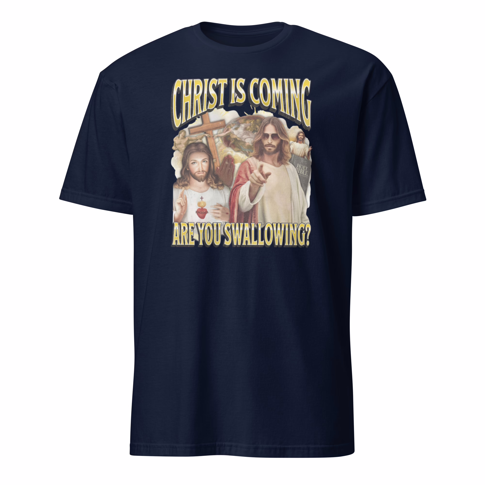Christ Is Coming Are You Swallowing Shirt 2 Mockup of the I Love Seamen Shirt in Navy Blue, ideal for nautical themes.
