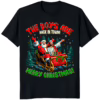 Black Santa Jesus The Boys Are Back In Town Christmas Shirt mockup, showing the high-contrast white graphic on a classic black unisex shirt.