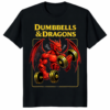 A red muscular dragon lifting dumbbells inside a yellow frame on a black Dumbbells and Dragons RPG Gym Nerd Workout Graphic Shirt.