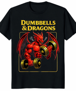A red muscular dragon lifting dumbbells inside a yellow frame on a black Dumbbells and Dragons RPG Gym Nerd Workout Graphic Shirt.