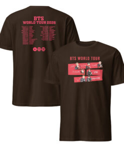 BTS Army World Tour 2026 Retro T Shirt 8 A deep Dark Chocolate BTS Army World Tour 2026 Retro T Shirt with a purple vintage tour graphic on premium heavyweight cotton.