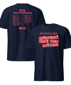 A deep Navy blue BTS Army World Tour 2026 Retro T Shirt featuring a bright purple tour graphic and 2026 Arirang concert dates.