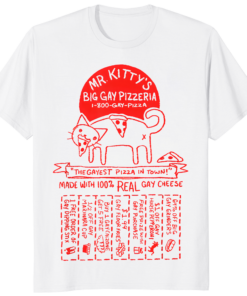 Mr. Kittys Big Gay Pizzeria Shirt with retro cat and pizza graphic.