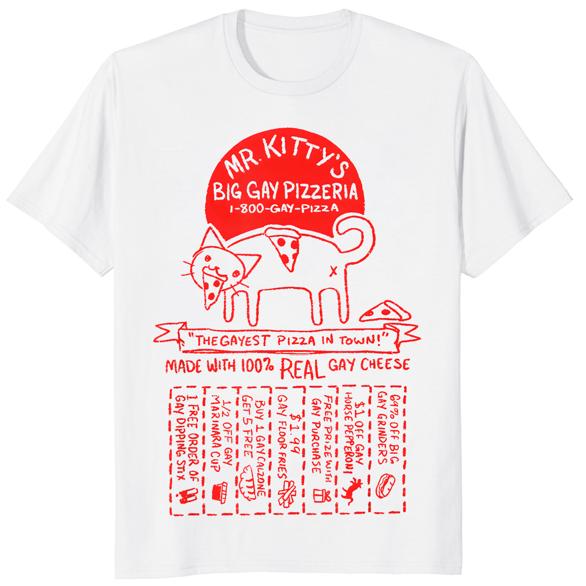 Mr. Kittys Big Gay Pizzeria Shirt 1 Mr. Kittys Big Gay Pizzeria Shirt with retro cat and pizza graphic.