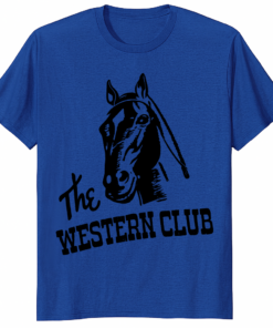 A high-quality studio shot of the Shifting Gears S2E10 Riley’s “The Western Club” Blue Tee showing the vintage graphic.