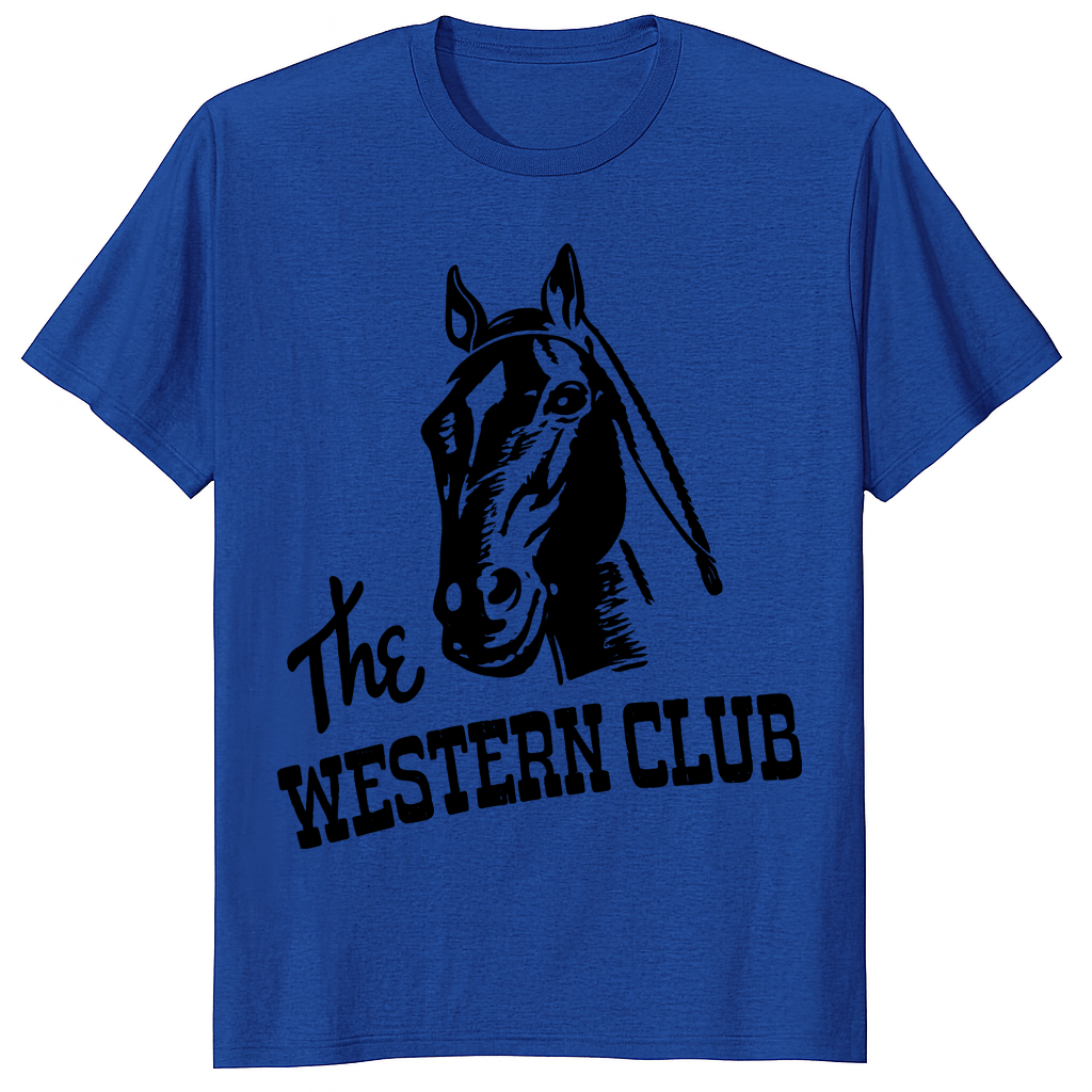 Shifting Gears S2E10 Riley’s “The Western Club” Blue Tee 1 A high-quality studio shot of the Shifting Gears S2E10 Riley’s “The Western Club” Blue Tee showing the vintage graphic.