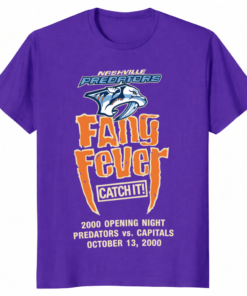 A Nashville Predators Fang Fever Catch It Shirt in vibrant gold featuring a saber-tooth cat graphic.