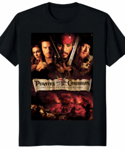A high-quality vintage style The Pirates of the Caribbean Curse of the Black Pearl shirt featuring Captain Jack Sparrow.