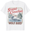 A premium Natural color Stupid Canadian Wolf Bird Heated Hockey Shirt featuring a vintage-style loon graphic with pine trees and lake scenery.