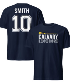 Front view of the Calvary Lacrosse T Shirt in black featuring a professional athletic graphic.