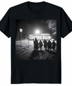 A high-quality graphic of the Fellowship At Waffle House Lord Of The Rings Parody Shirt showing the characters in a diner booth.