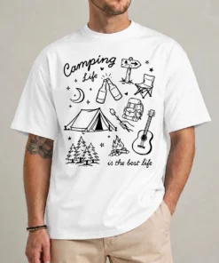 Camping Life shirt with doodle-style tent campfire and outdoor gear illustration