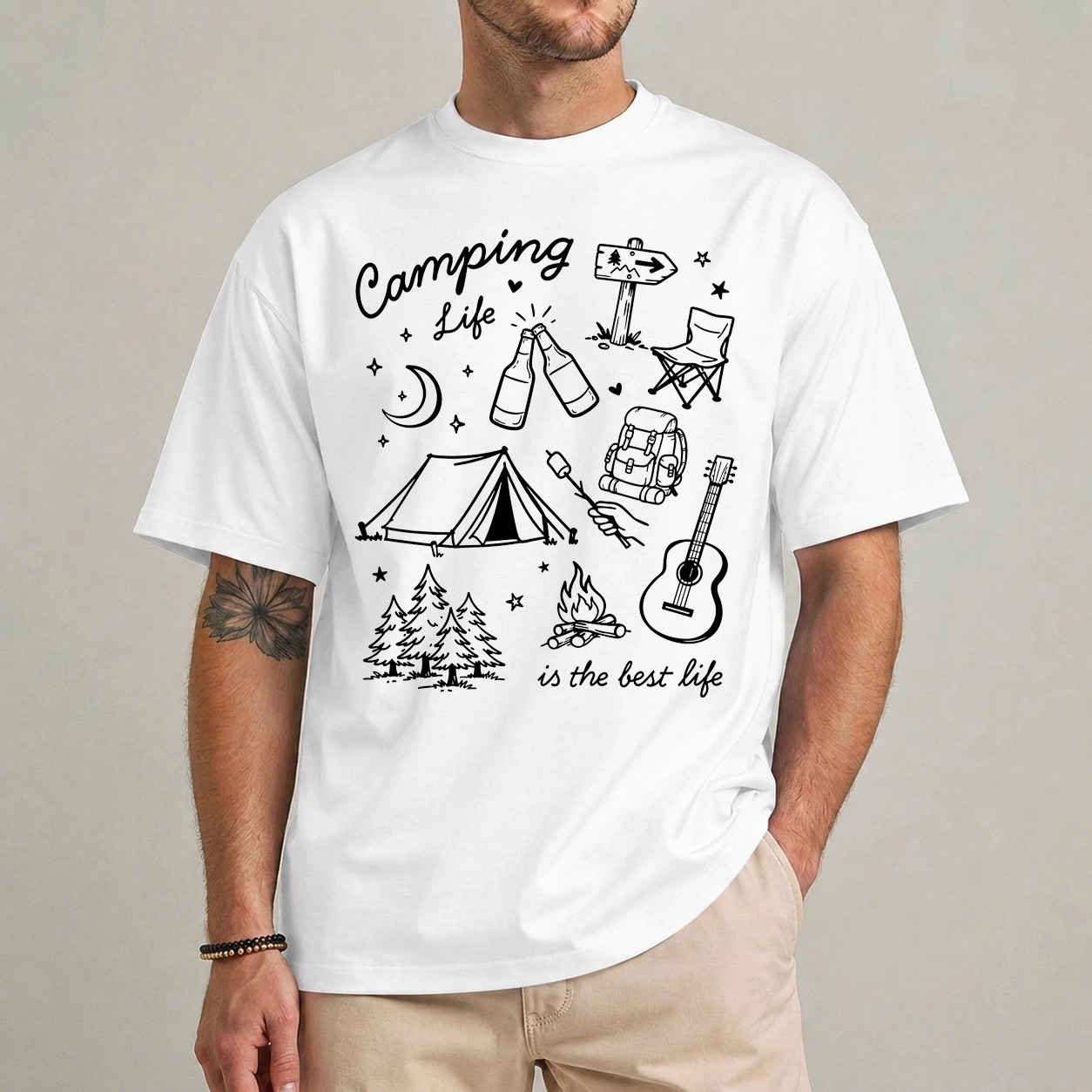 Camping Life Shirt – Outdoor Adventure Tee 1 Camping Life shirt with doodle-style tent campfire and outdoor gear illustration