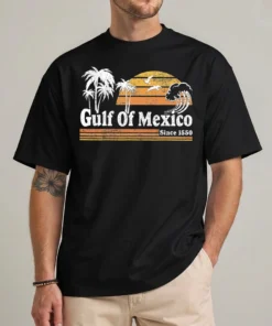 Gulf of Mexico shirt with retro sunset Est 1550 graphic, front view