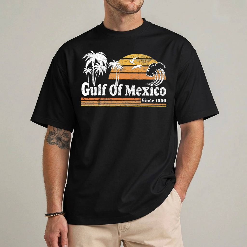 Gulf of Mexico Shirt — Retro Sunset Political Protest Tee 1 Gulf of Mexico shirt with retro sunset Est 1550 graphic, front view