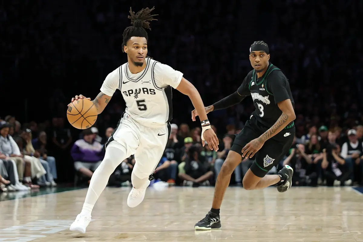 Spurs Backcourt Dominates Game 6 to Reach West Finals 2 Stephon Castle driving to the basket during Spurs Game 6 win over Timberwolves 2026 playoffs