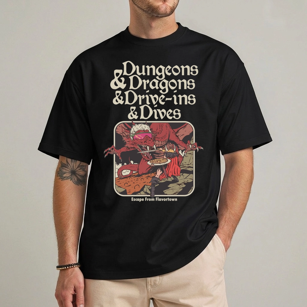 Fantasy Food Quest Shirt Funny Y2K Graphic Mashup Tee 1 Fantasy food quest shirt front view — funny Y2K graphic mashup tee for DnD fans