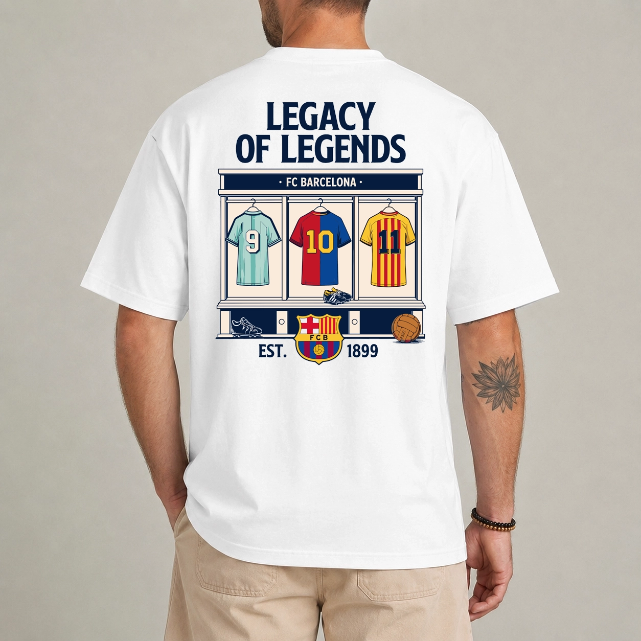 FC Barcelona Legacy of Legends Est 1899 Fan Shirt 1 Barcelona legacy shirt white front view FC Barcelona Est 1899 fan graphic tee