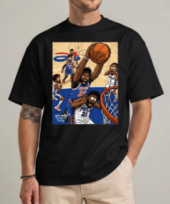 Mitchell Robinson dunking on Joel Embiid shirt black front view