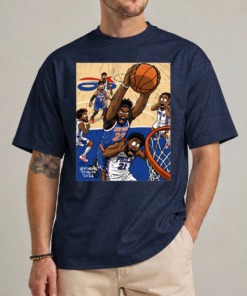 Mitchell Robinson dunking Joel Embiid shirt dark color front view