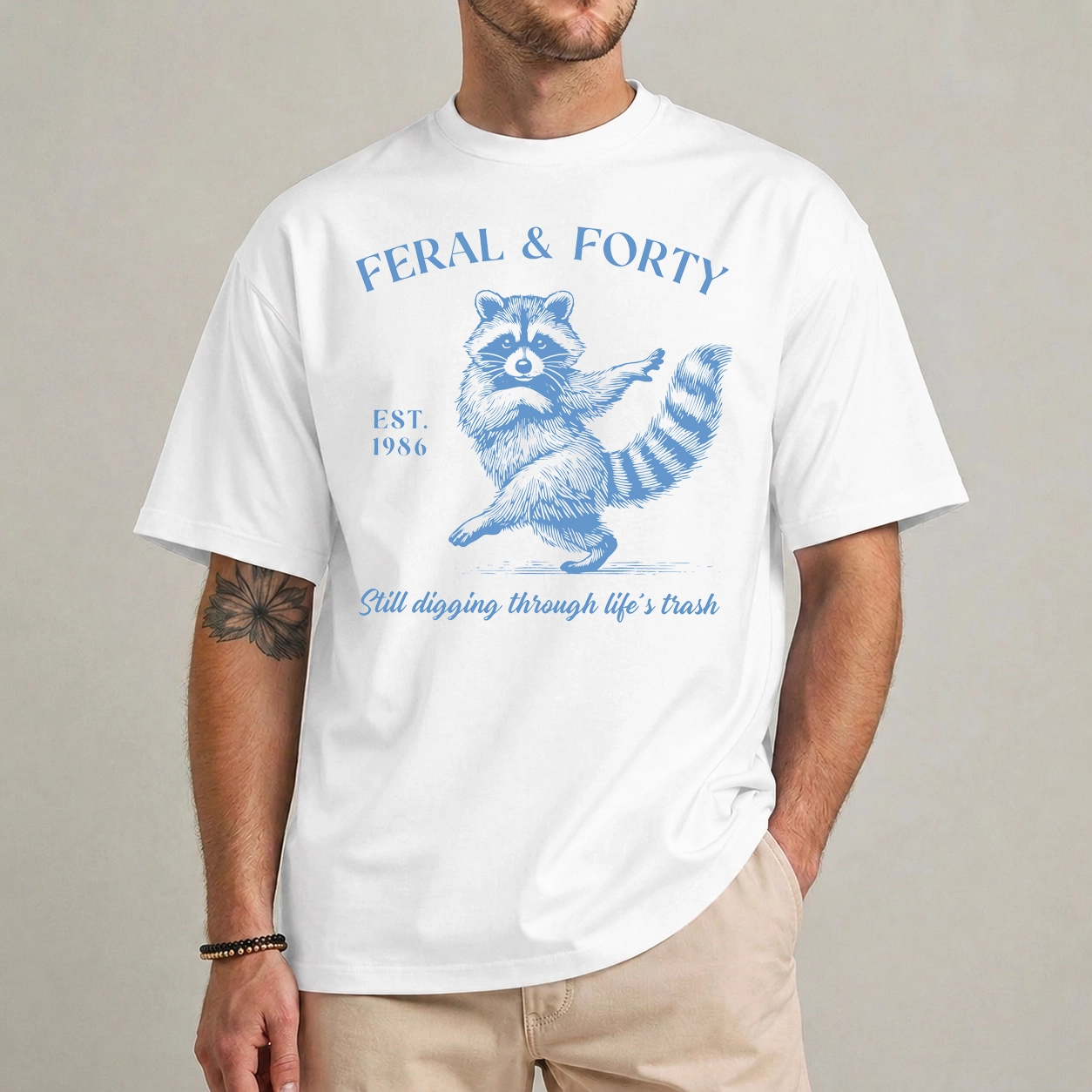 Feral and Forty Shirt — Funny Raccoon 40th Birthday Tee 1 funny 40th birthday shirt - feral and forty shirt - raccoon birthday tee