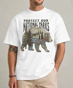 National Parks bear shirt with vintage Protect Our National Parks badge graphic