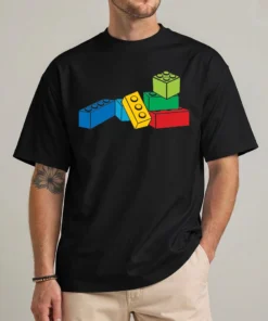 Building bricks shirt with colorful toy brick graphic, front view