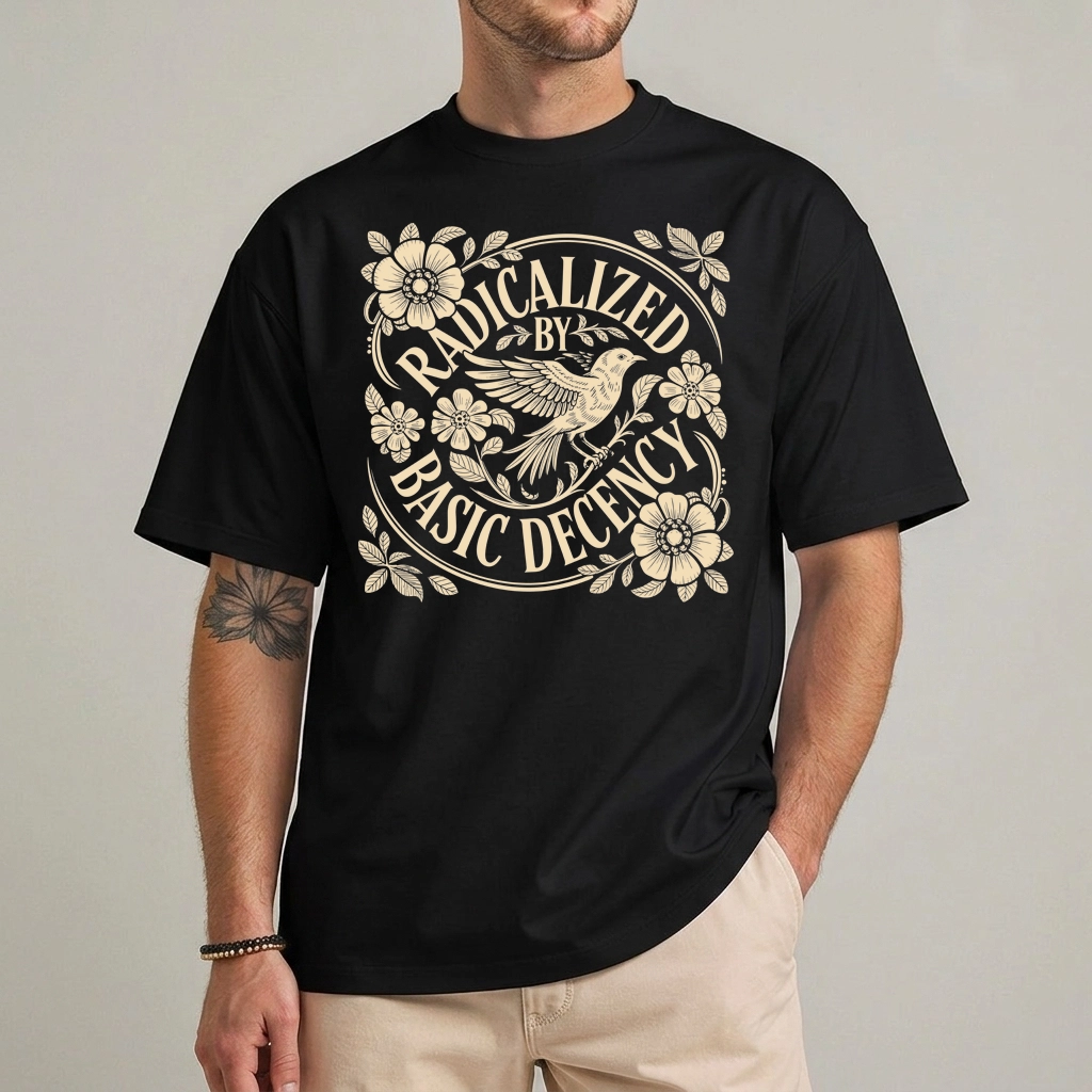 Radicalized By Basic Decency Shirt – Vintage Tee 1 Radicalized By Basic Decency shirt with vintage floral bird illustration