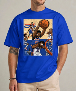 Mitchell Robinson dunking Joel Embiid royal blue shirt front view