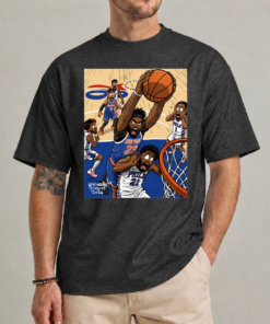 Mitchell Robinson dunking Joel Embiid shirt charcoal front view
