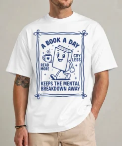 A Book A Day shirt with cartoon book character and coffee cup illustration