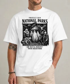 Protect our national parks shirt front view — cryptid Bigfoot Mothman Wendigo graphic tee