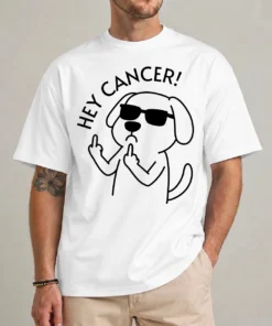 Hey Cancer Dog shirt with defiant line-art dog illustration