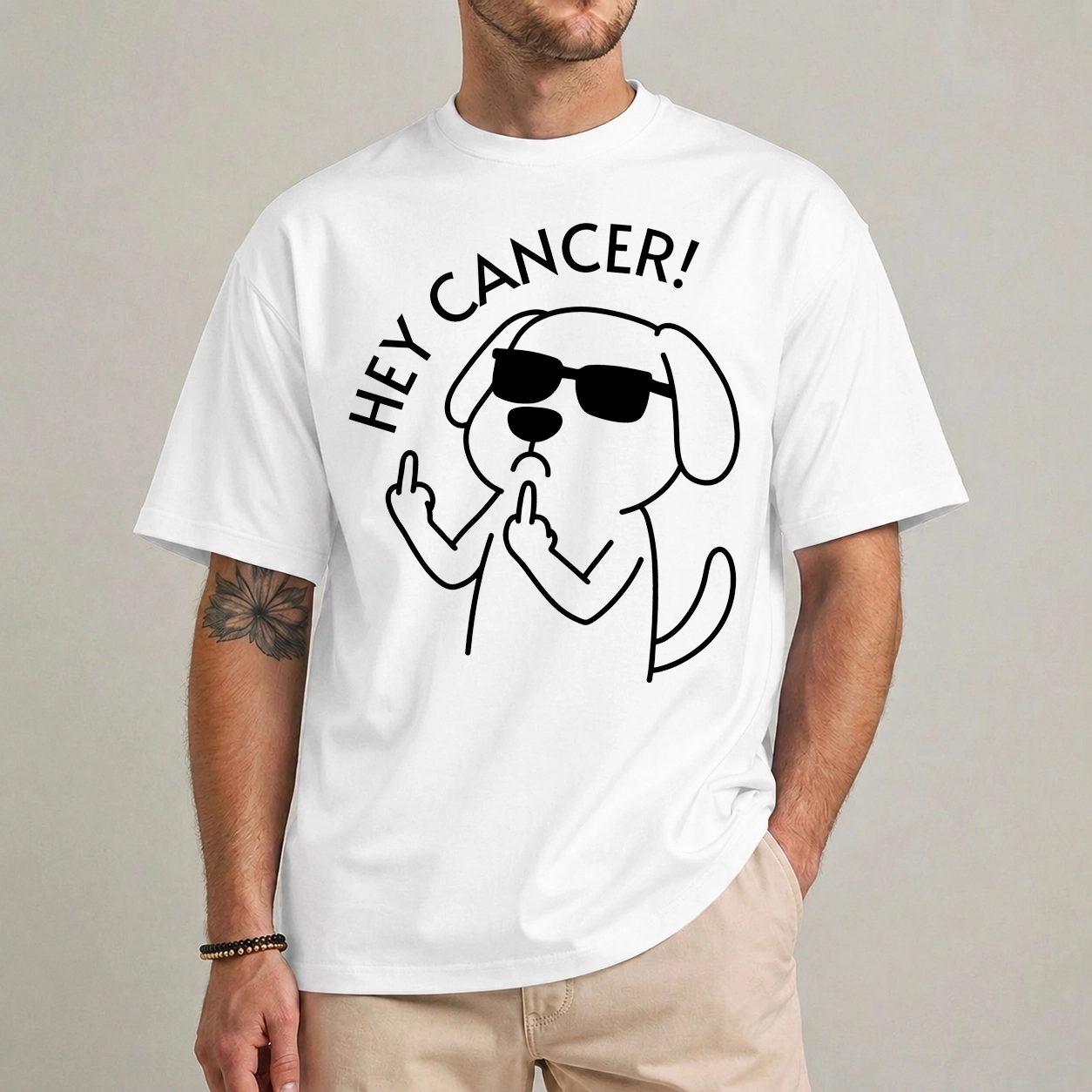 Hey Cancer Dog Shirt – Cancer Warrior Tee 1 Hey Cancer Dog shirt with defiant line-art dog illustration
