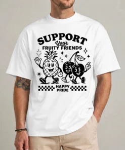 Fruity Friends Pride Shirt white front view LGBTQ rainbow graphic tee