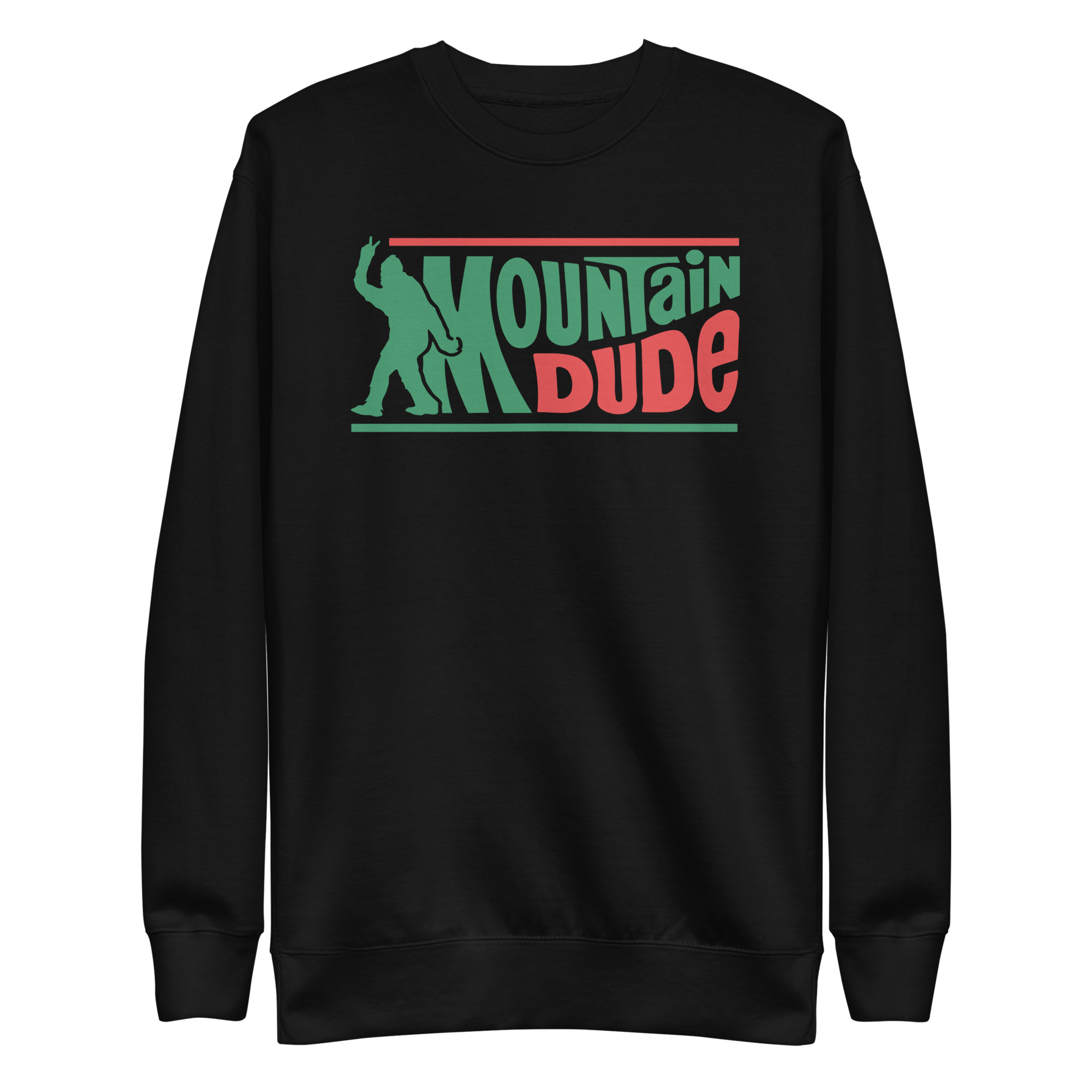 Bigfoot Sasquatch Sweatshirt — Funny Outdoor Mountain Dude 1 Bigfoot sasquatch sweatshirt with mountain dude graphic, front view
