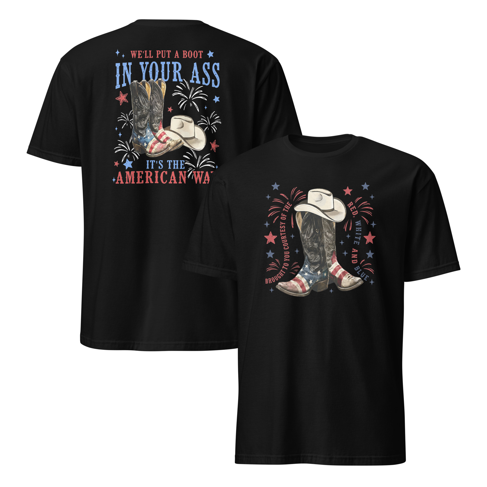 Patriotic Cowboy Boots America 250 Country Graphic Tee 1 america 250 cowboy boots shirt front view patriotic country graphic tee