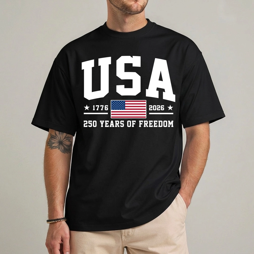 USA 250th Anniversary Shirt: 1776-2026 Freedom Tee 1 USA 250th anniversary shirt 1776-2026 freedom graphic tee front view
