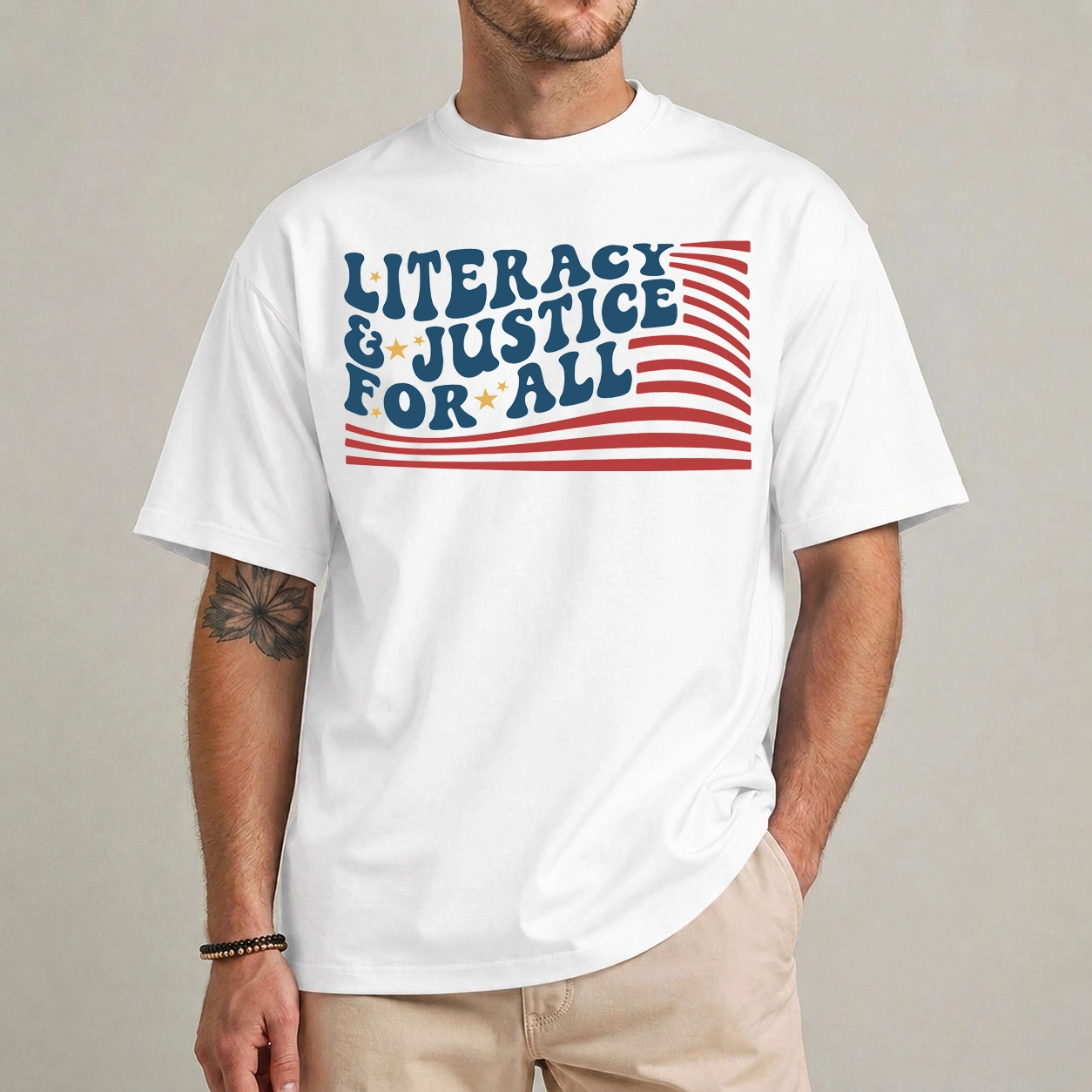 Literacy and Justice for All Reading Teacher T-Shirt 1 Literacy and Justice for All shirt front view reading teacher ELA graphic tee