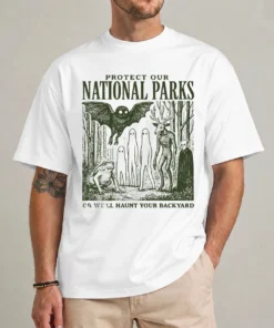 Protect our parks tee front view cryptidcore hiking graphic shirt
