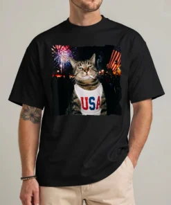 Patriotic Smoking Cat Funny 4th of July T-Shirt front view