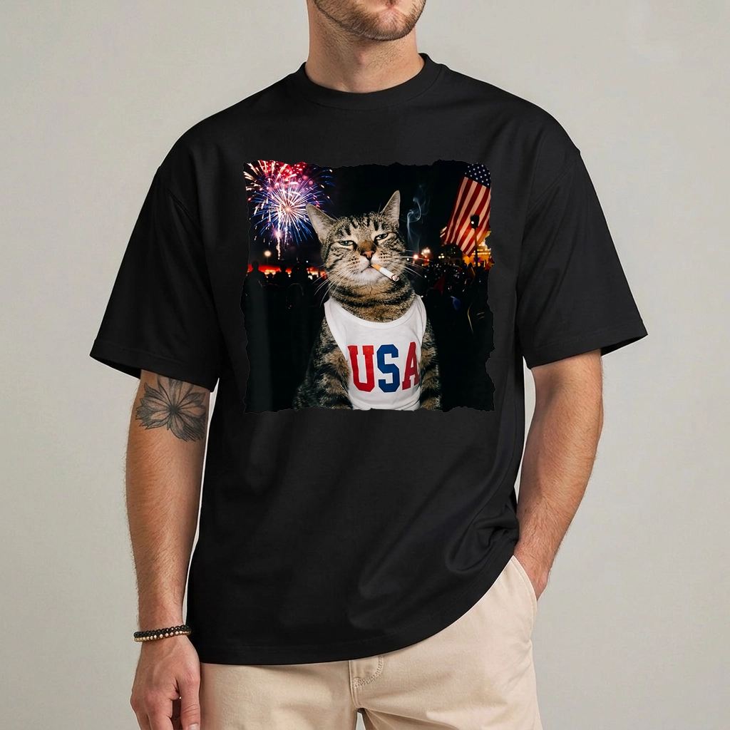Patriotic Smoking cat T-Shirt 1 Patriotic Smoking Cat Funny 4th of July T-Shirt front view