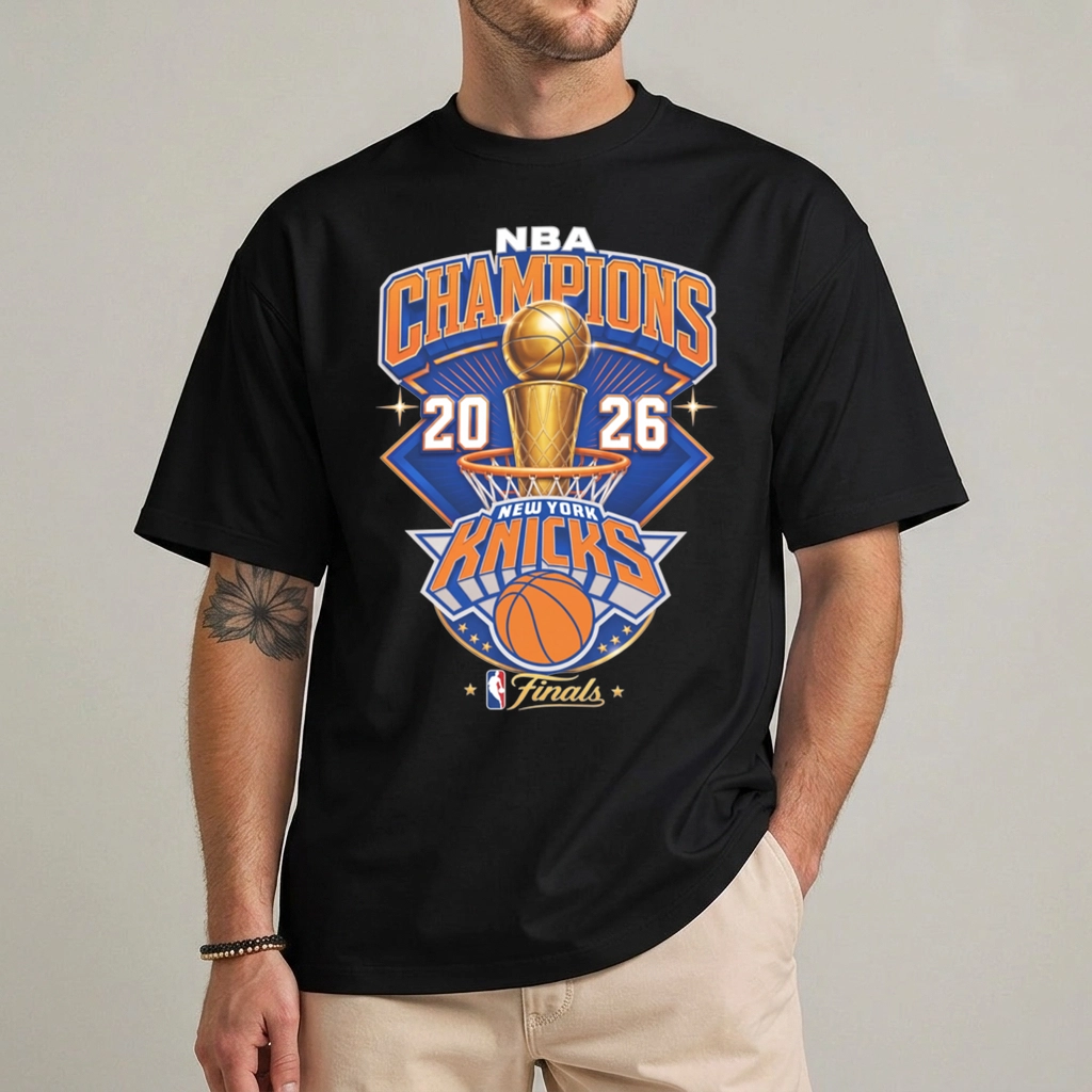 New York Knicks 2026 NBA Champions Graphic Shirt 1 New York Knicks 2026 NBA Champions trophy graphic shirt