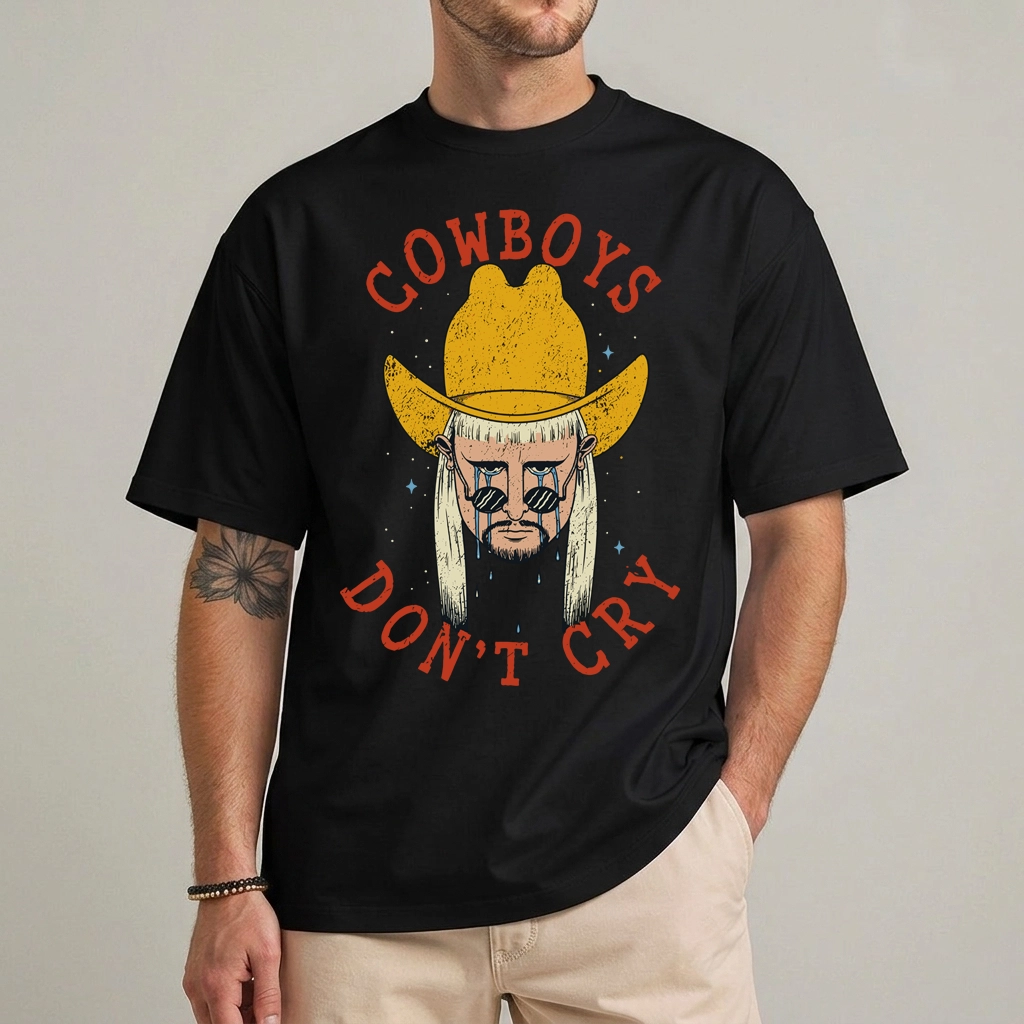 Cowboys Don't Cry Oliver Tree Tribute Fan Graphic Tee 1 cowboys don't cry shirt front view oliver tree tribute graphic tee