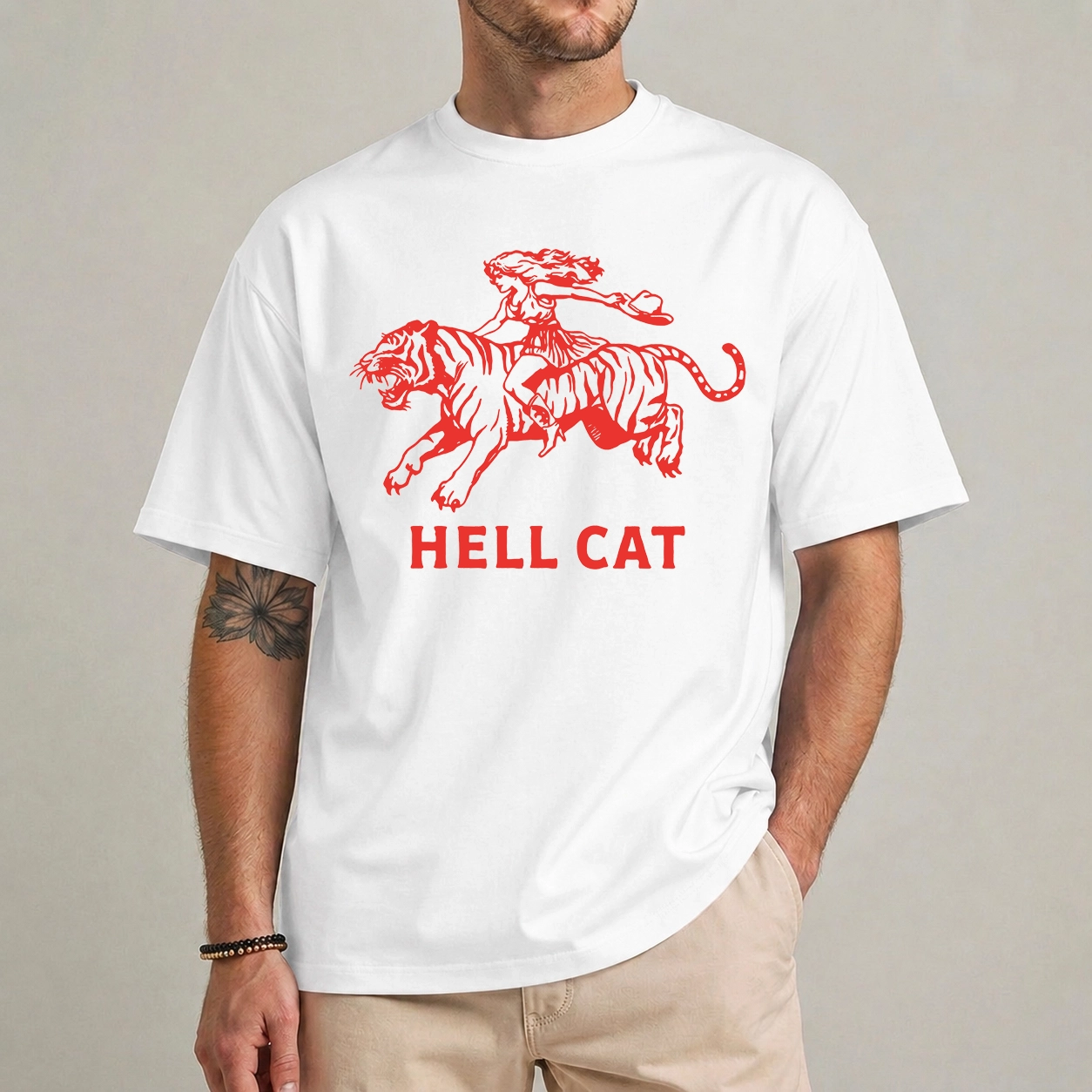 Hell Cat Cowgirl Tee - Retro Western Tiger Graphic Shirt 1 Hell cat cowgirl tee front view retro western tiger graphic shirt