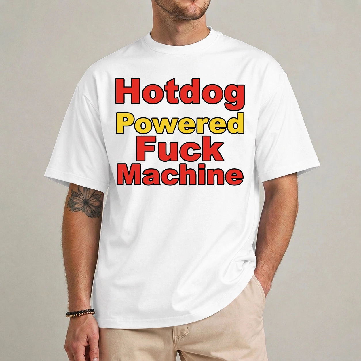 Hotdog Powered Fuck Machine Funny Adult Graphic Tee 1 Hotdog Powered Fuck Machine shirt front view funny adult humor graphic tee