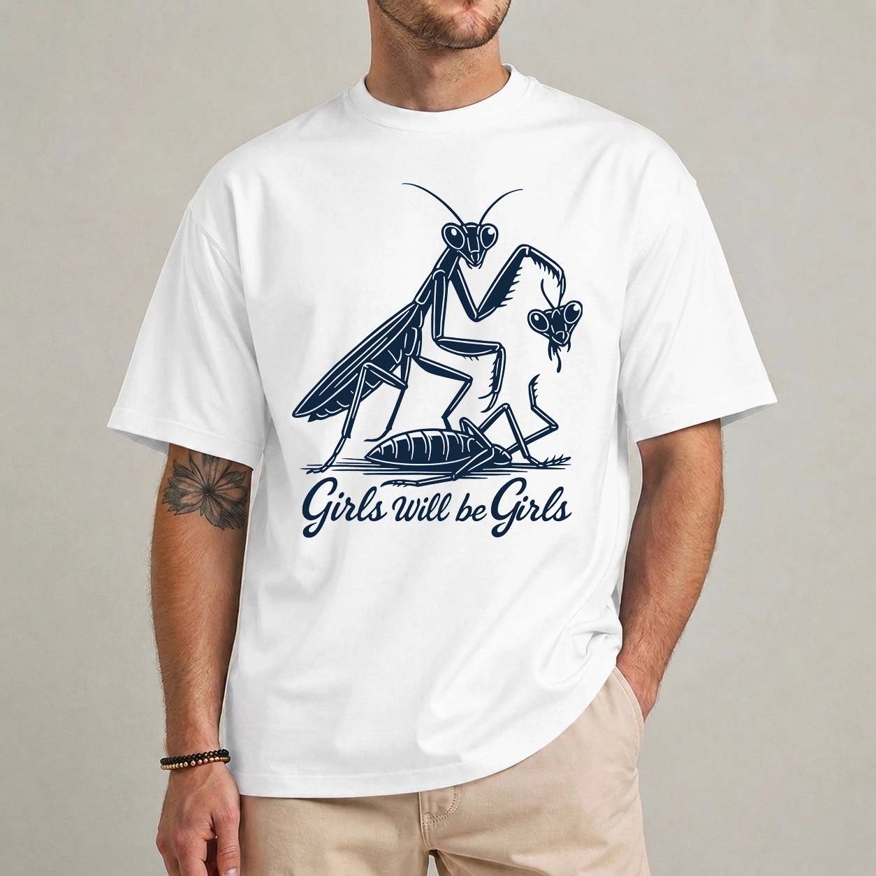 Girls Will Be Girls Praying Mantis Shirt for Women 1 girls will be girls praying mantis shirt feminist graphic tee front view