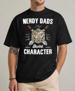 nerdy dads build character shirt DND dad tabletop RPG tee front view
